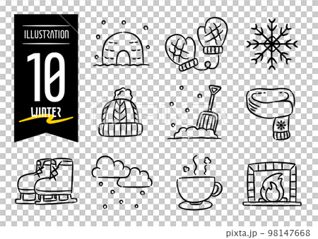 冬をモチーフにした手描き風のポップなアイコンイラスト10点セット 98147668