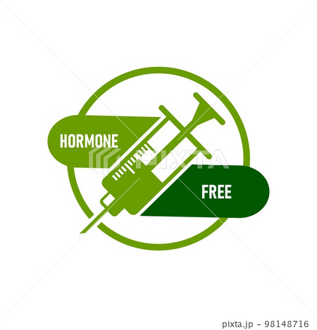 Hormone free icon. Certified quality product with no hormones, organic food warranty label or sticker. Bio safe agriculture, steroids contain or healthy nutrition vector pictogram with syringe 98148716