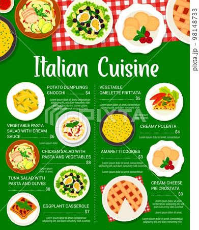 Italian cuisine menu vector omelette frittata, pasta salad with cream sauce and amaretti cookies. Tuna salad with pasta and olives, potato dumplings gnocchi, chicken salad with pasta and vegetables 98148733