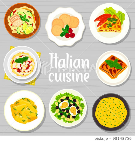 Italian cuisine menu cover, vector creamy polenta, tuna salad with pasta and olives. Vegetable omelette frittata, pasta salad with cream sauce, amaretti cookies and with cheese pie crosstata meals 98148756