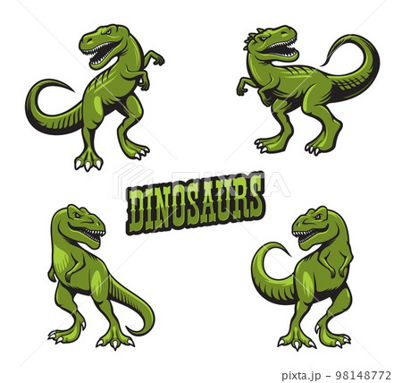 Tyrannosaur dinosaur mascots. T-rex monster, jurassic raptor sport team mascot character. Danger and ferocious tyrannosaur green reptile roaring in different poses, aggressive tyrannosaurus mascot 98148772