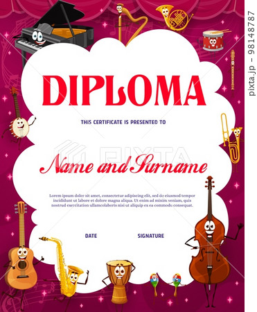 Kids diploma cartoon musical instrument characters. Educational music school vector certificate template with cute grand piano, guitar, saxophone and jembe drum. Double bass, banjo, harp and horn 98148787