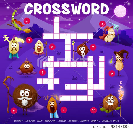Crossword grid, cartoon nuts mage and wizard characters, vector quiz game for kids. Coconut and walnut sorcerer with almond, cashew and peanut witch magician to guess word on crossword worksheet Crossword grid, cartoon nuts mage and wizard characters, vector quiz game for kids. Coconut and walnut sorcerer with almond, cashew and peanut witch magician to guess word on crossword worksheet 98148802
