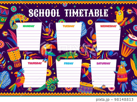 School timetable schedule with brazilian drums and mexican animals. Kids lessons vector weekly schedule, child education daily planner with colorful and cute chameleon lizard, toucan and parrot birds 98148813