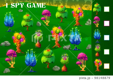 I spy game, magic alien trees and plants in fantasy forest, vector quiz worksheet. Kids cartoon puzzle or riddle to find two same fairy tale luminous tree and mushroom plants in alien forest 98148879