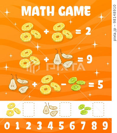 Pear, kiwi and pineapple dried fruits math game worksheet. Vector kids education riddle for school activity, mathematics learning addition and subtraction for children. Counting and calculation task 98148910