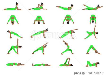 Yoga poses collection. African American. Female woman girl. Vector illustration in cartoon flat style isolated on white background. 98150149