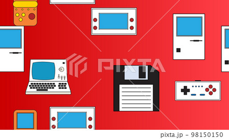 Seamless pattern endless with electronics and technology computer game consoles old retro vintage hipster from 70s, 80s, 90s isolated on red background. Vector illustration 98150150