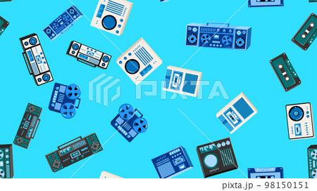 Seamless pattern endless with music audio tech electronics equipment old retro vintage hipster from 70s, 80s, 90s isolated on blue background. Vector illustration 98150151