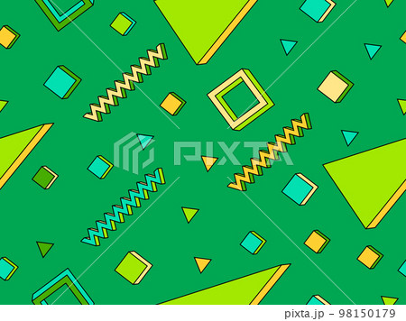 Geometric seamless pattern with memphis elements in 80s style. 3d geometric shapes with stroke. Colorful background. Design of promotional products, wrapping paper and printing. Vector illustration 98150179