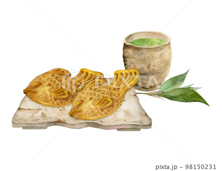 Watercolor hand drawn traditional Japanese sweets. Ceramic dish, wagashi with tea and leaves. Isolated on white background. Design for invitations, restaurant menu, greeting cards, print, textile 98150231