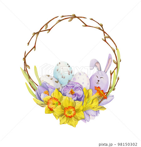 Watercolor hand drawn Easter celebration clipart. Circle wreath with eggs, bunnies, daffodil crocus flowers, leaves. Isolated on white background. Invitations, gifts, greeting cards, print, textile 98150302