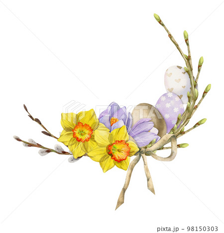 Watercolor hand drawn Easter celebration clipart. Circle wreath with eggs, bunnies, daffodil crocus flowers, leaves. Isolated on white background. Invitations, gifts, greeting cards, print, textile 98150303