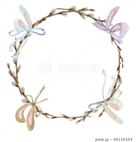 Watercolor hand drawn Easter celebration clipart. Pastel circle wreath with eggs, bunnies, bows and branches. Isolated on white background Design for invitations, gifts, greeting cards, print, textile 98150304