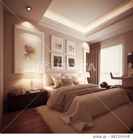 Beige Minimalist Modern Bedroom Interior Design. Generative AI Beige Minimalist Modern Bedroom Interior Design. Generative AI 98150438