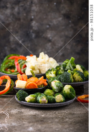 Different frozen vegetables. Food storage. Different frozen vegetables. Food storage. 98151038
