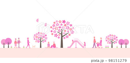 桜の咲く公園と人々の風景　背景素材 98151279