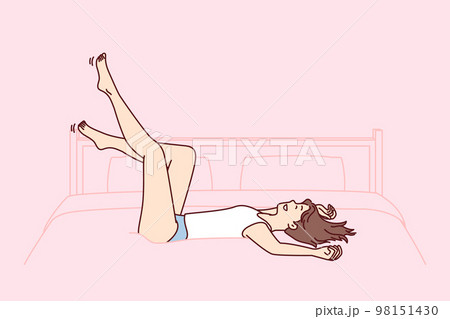 Carefree girl in tank top and shorts falls on bed rejoicing at opportunity to relax. Vector image 98151430