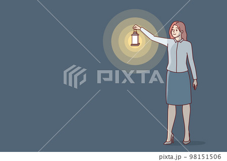 Woman stands holding out hand with vintage oil lantern to illuminate dark room. Vector image Woman stands holding out hand with vintage oil lantern to illuminate dark room. Vector image 98151506