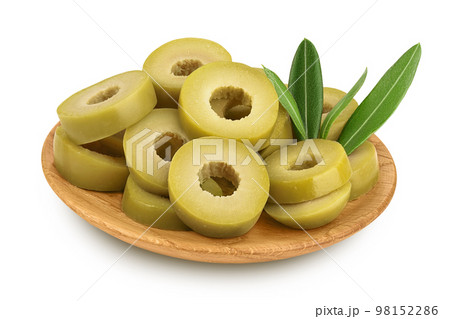 Green olives with leaves in wooden bowl isolated on a white background with full depth of field. 98152286