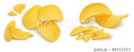 Potato chips isolated on white background with full depth of field. Top view. Flat lay. Potato chips isolated on white background with full depth of field. Top view. Flat lay. 98152357
