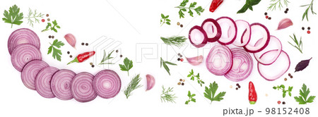 onions, garlic, hot pepper and spices isolated on white background with copy space for your text. Top view 98152408