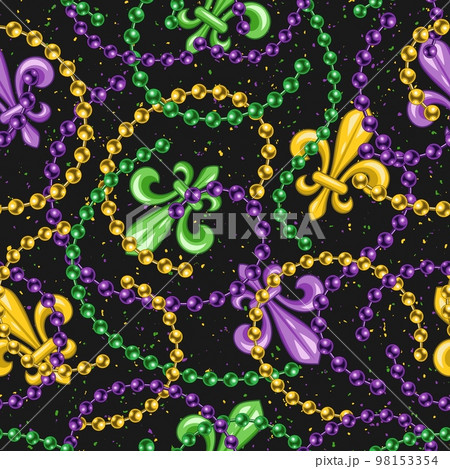 Seamless pattern with fleur de lis, strings of beads. Mardi gras carnival design. Vintage illustration for prints, clothing, surface design Seamless pattern with fleur de lis, strings of beads. Mardi gras carnival design. Vintage illustration for prints, clothing, surface design 98153354