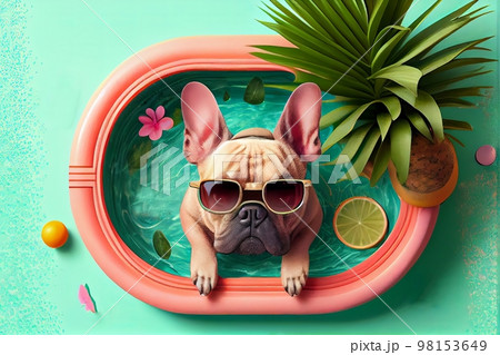 Cute brown French bulldog sitting in a oval pool, with tropical fruits and flowers 98153649