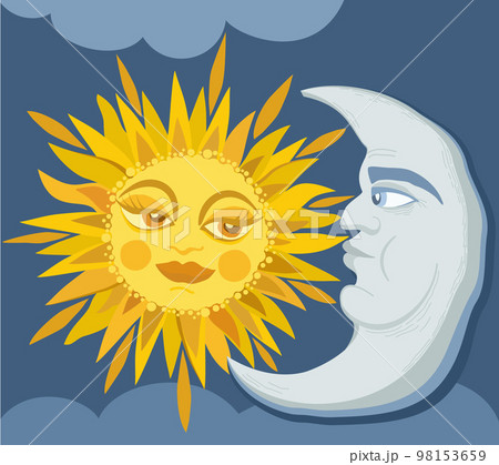 Vector illustration of sun, crescent moon and clouds isolated on dark blue sky. Vector illustration of sun, crescent moon and clouds isolated on dark blue sky. 98153659