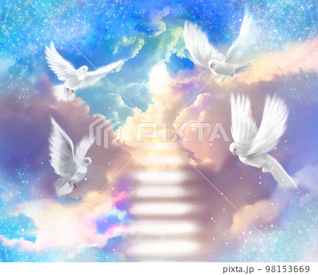 天国へ続く雲の階段とカラフルな空と降り注ぐ太陽光の回りを飛ぶ四羽の白い鳩のファンタジー背景イラスト 98153669
