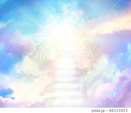 雲の間から差し込む神々しい光と天国へ続く光の階段の幻想的な天国風景イラスト 雲の間から差し込む神々しい光と天国へ続く光の階段の幻想的な天国風景イラスト 98153953