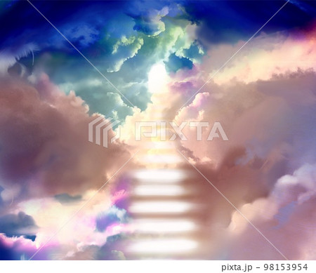 雲の間から差し込む神々しい光と天国へ続く光の階段の幻想的な天国風景イラスト 雲の間から差し込む神々しい光と天国へ続く光の階段の幻想的な天国風景イラスト 98153954