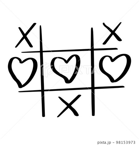 Tic tac toe doodle game with cross and circle sign, cute heart mark isolated on white background. Tic tac toe doodle game with cross and circle sign, cute heart mark isolated on white background. 98153973