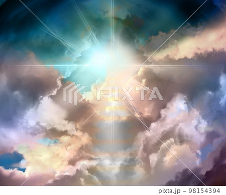 雲の間から差し込む神々しい光と天国へ続く幻想的なファンタジー風景イラスト 98154394