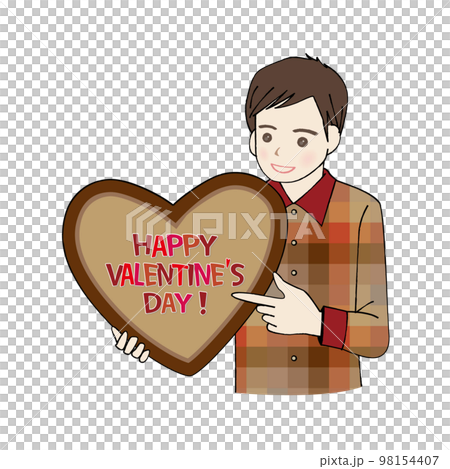 A man holding a heart-shaped chocolate and pointing A man holding a heart-shaped chocolate and pointing 98154407