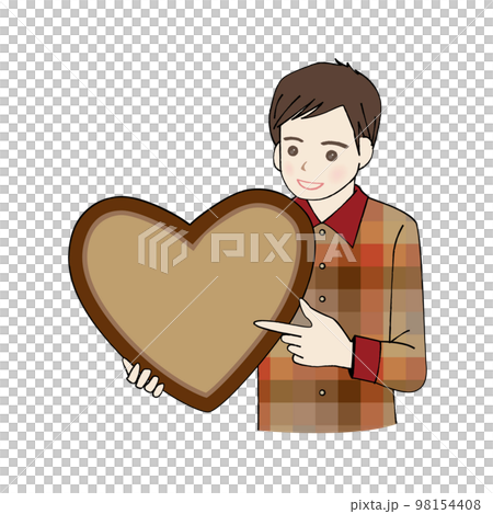 ハートのチョコレートを持って指さす男性  テキストスペース 98154408