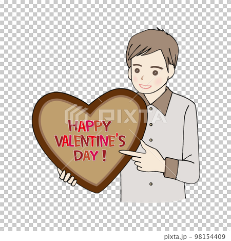 ハートのチョコレートを持って指さす男性   98154409