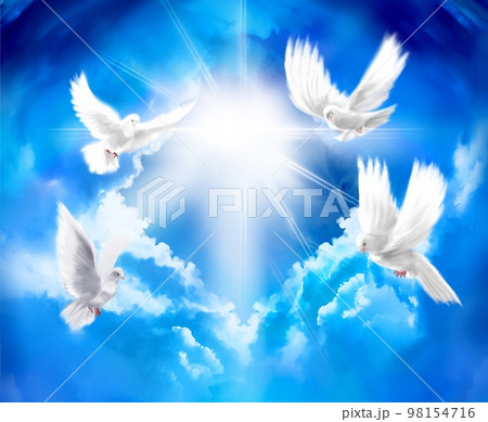 平和の象徴である白い鳩が太陽の周りを飛んでいるラッキーな背景