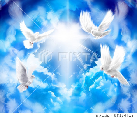 平和の象徴である白い鳩がハートマークの雲の周りを飛んでいるラッキーな背景イラスト 98154718