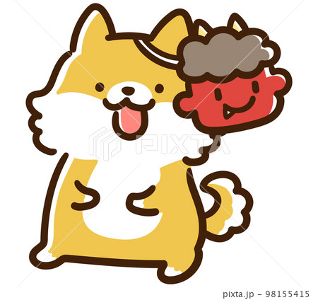鬼のお面をつけるかわいい柴犬のキャラクターの手書き風デフォルメイラスト 98155415