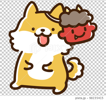 Hand-drawn deformed illustration of a cute Shiba Inu character wearing a demon mask 98155415