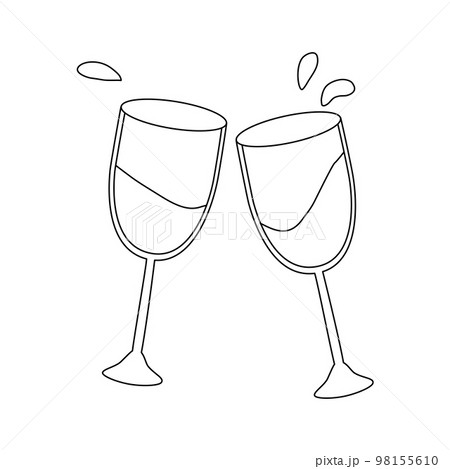 Two glasses of wine toasting to celebrate something, flat vector outline for coloring book Two glasses of wine toasting to celebrate something, flat vector outline for coloring book 98155610