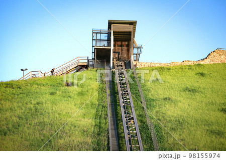 Funicular to Gediminas tower in Vilnius on bright summer day in Lithuania on blue sky background Funicular to Gediminas tower in Vilnius on bright summer day in Lithuania on blue sky background 98155974