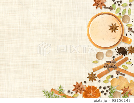 麻布健康美肌薬膳のティー、木の実や生姜、ドライフルーツなどヘルシーなスパイスの種類のイラスト背景素材 98156145