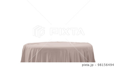 Podium with beige textile isolated on white background. Elegant stage for product, cosmetic presentation. Luxury mock up. Pedestal or platform for beauty products. Empty scene. 3D rendering. 98156494