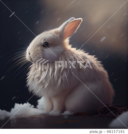 Realistic White Fluffy Rabbit In Snow Winter Background Generative AI 98157191
