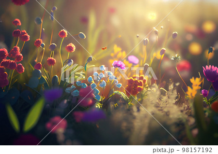 Cute Green Spring Meadow with Flowers Generative AI Cute Green Spring Meadow with Flowers Generative AI 98157192