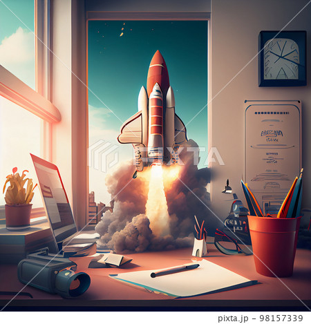 Vivid Rocket Starting Fly From a Desk. Illustration. Generative AI 98157339