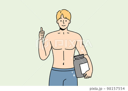Smiling bodybuilder with protein in hands  98157554