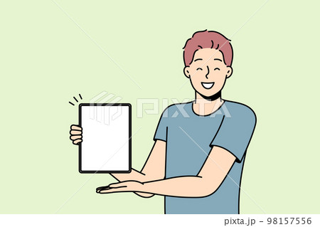 Smiling man show mockup screen on tablet 98157556